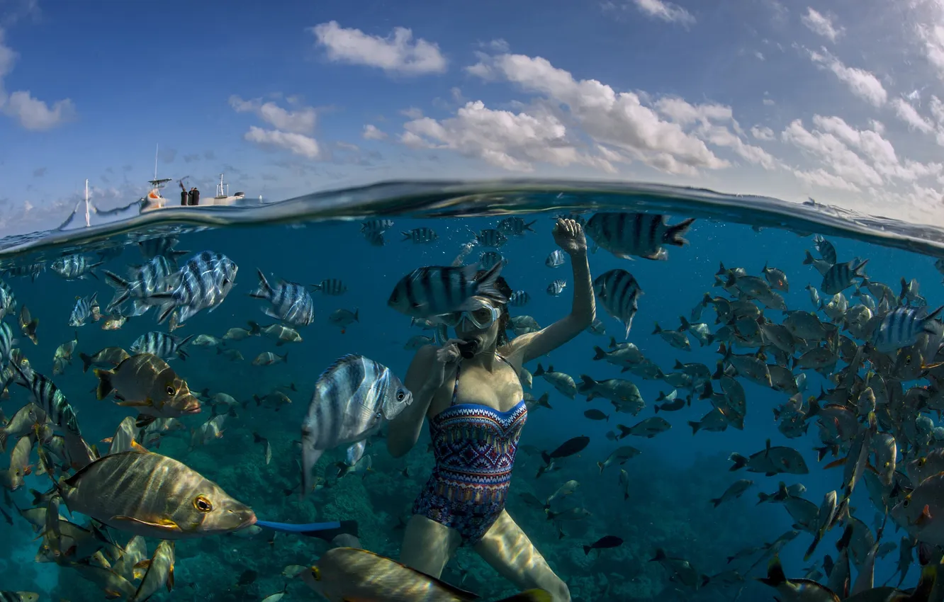 Photo wallpaper sea, girl, fish