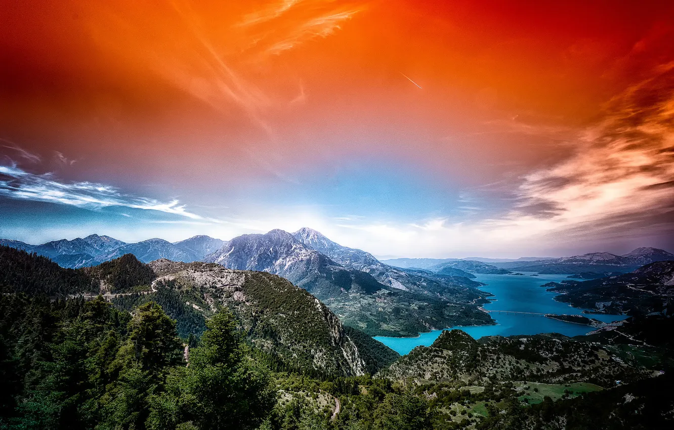 Photo wallpaper sea, the sky, mountains, glow, the fjord