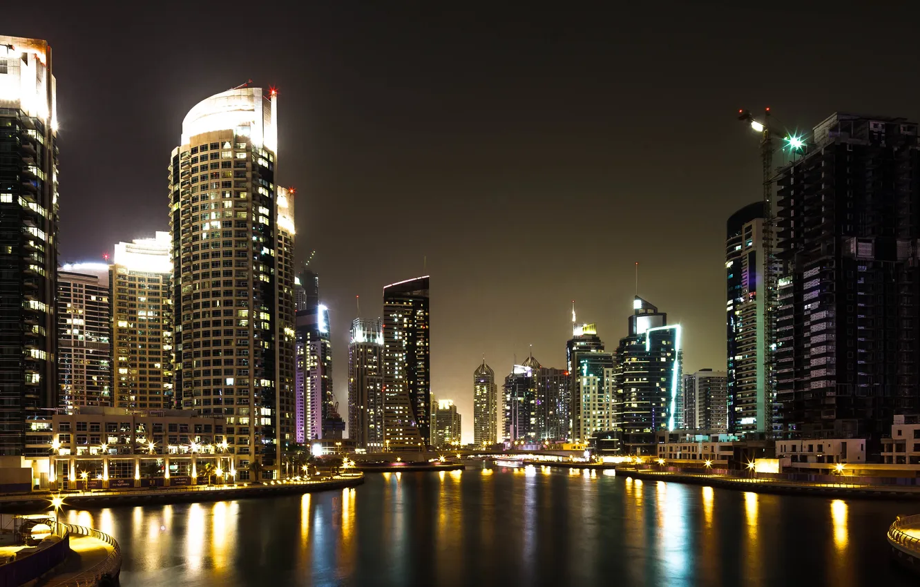Photo wallpaper water, night, lights, Marina, promenade, skyscrapers, United Arab Emirates, Dubai Marina