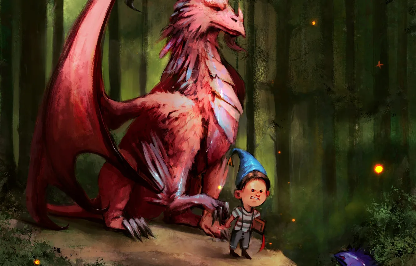 Photo wallpaper forest, fireflies, dragon, dwarf, by Panda