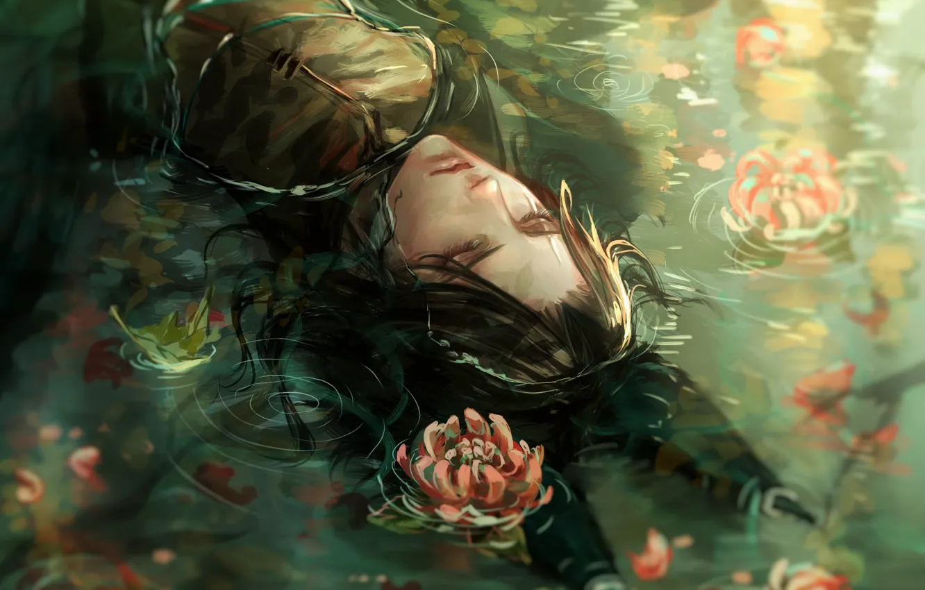 Photo wallpaper guy, black hair, chrysanthemum, in the water, closed eyes, Fox ears, lying on her back, …
