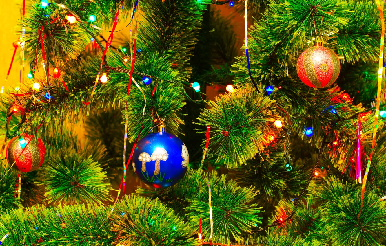 Photo wallpaper balls, decoration, branches, toys, tree, New Year, Christmas, garland