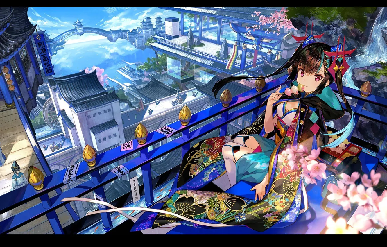 Photo wallpaper waterfall, hairstyle, girl, temple, kimono, blue sky, stone bridge, Dango