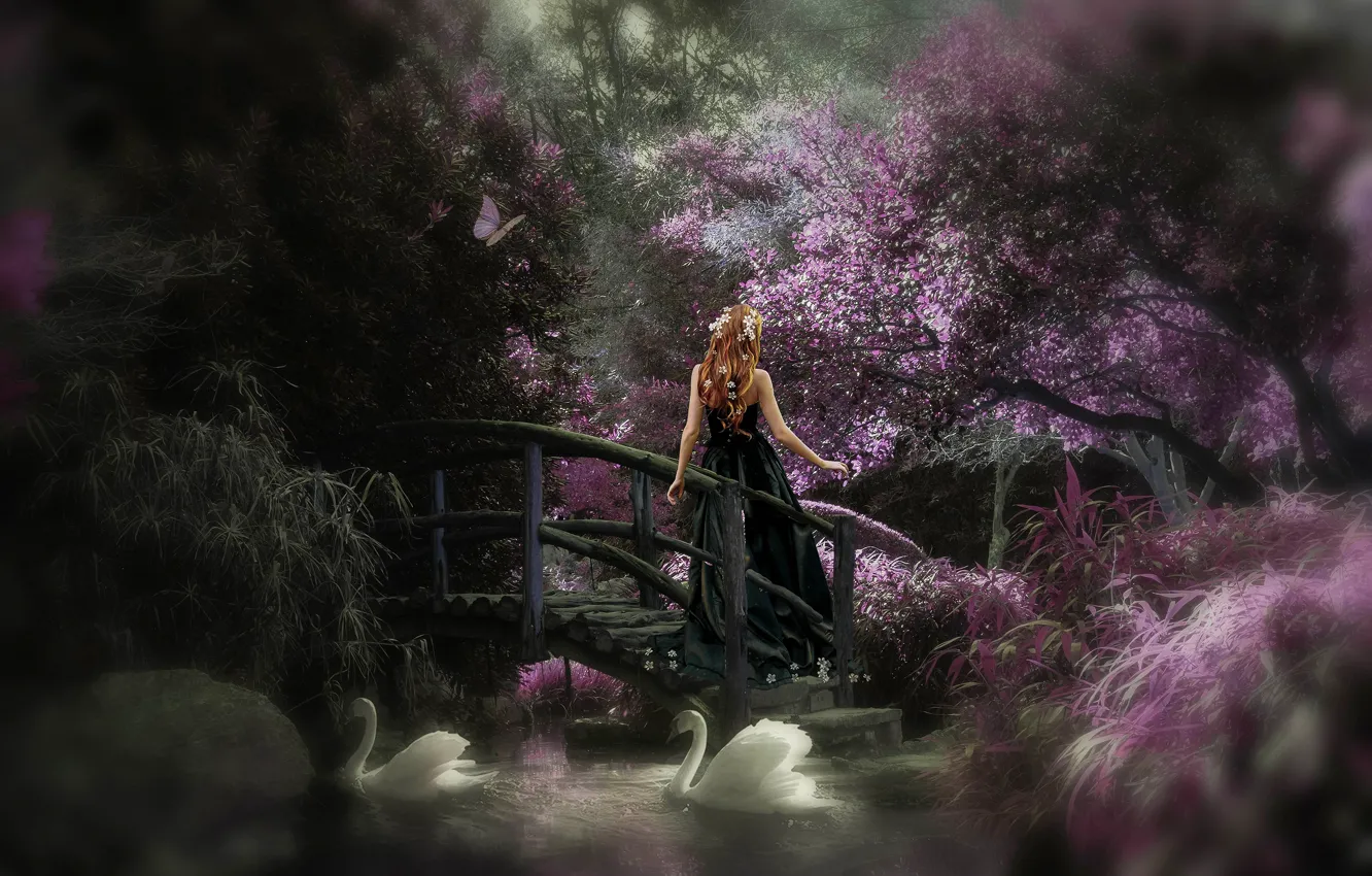 Photo wallpaper girl, trees, flowers, lake, pond, rendering, branch, back