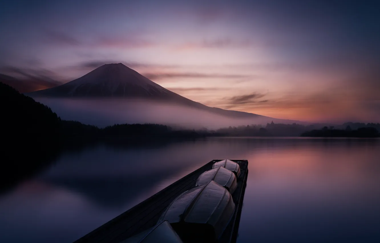Photo wallpaper mountains, lake, boat, the volcano, Japan, Fuji