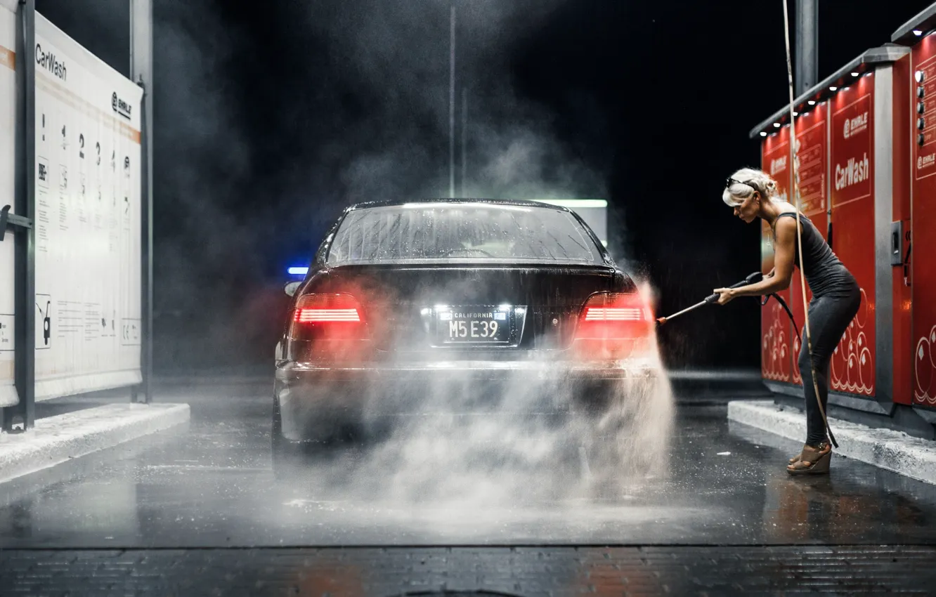 Photo wallpaper blonde, girl, E39, M5, BMW, Carwash