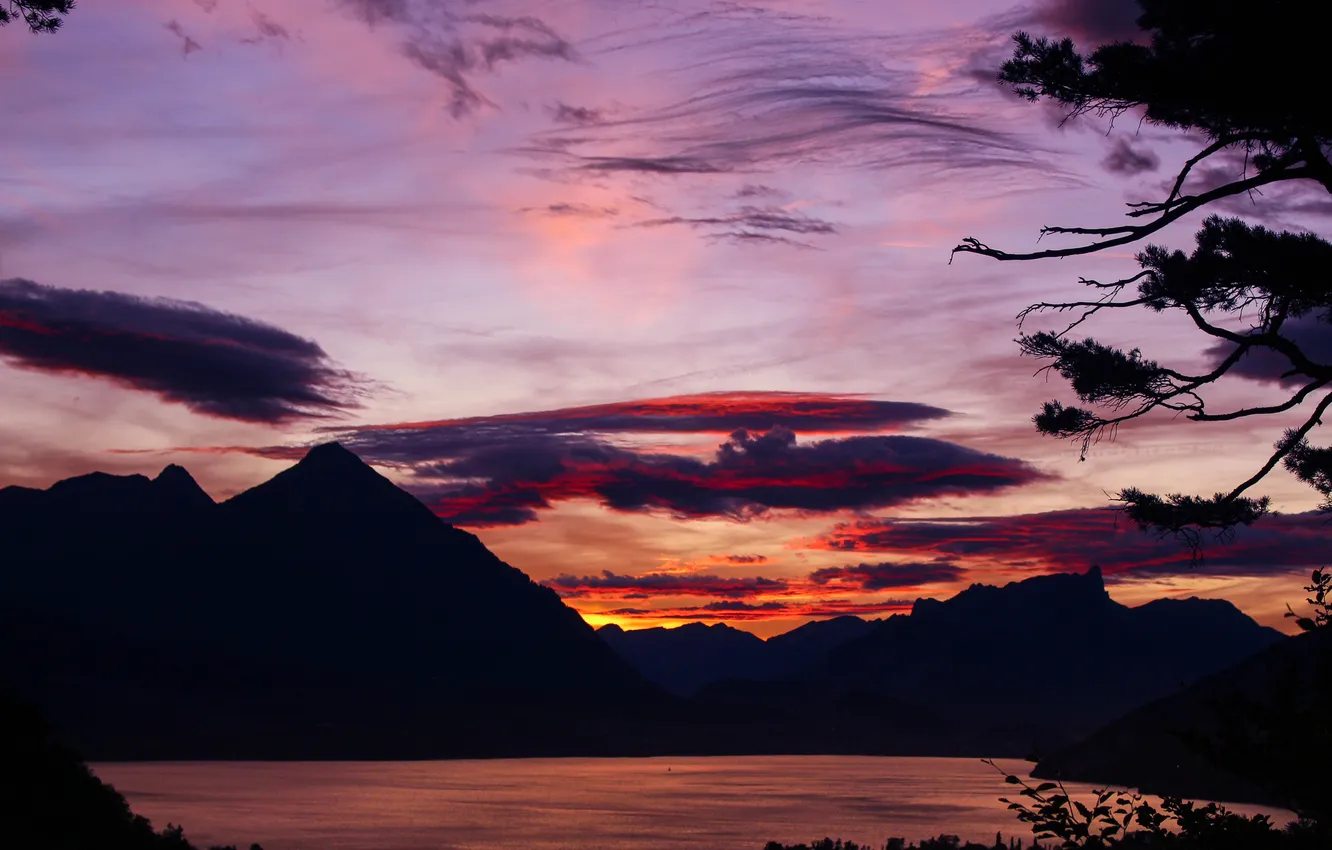 Photo wallpaper the sky, clouds, trees, landscape, sunset, mountains, nature, lake