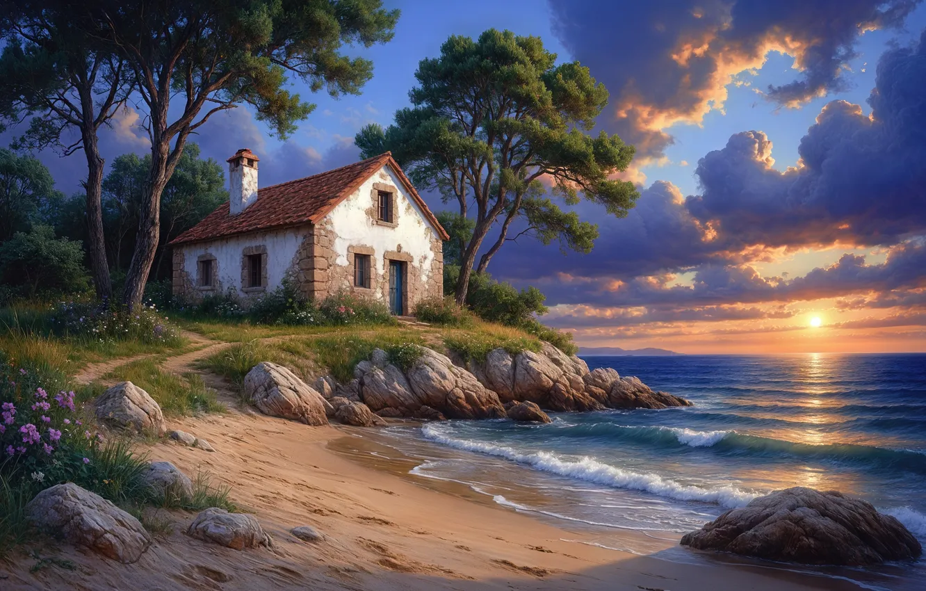 Photo wallpaper sea, house, AI art, neural network