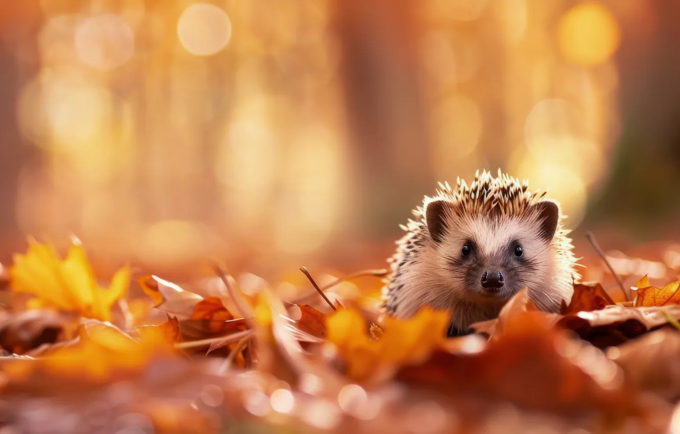Photo wallpaper autumn, look, leaves, light, nature, glade, foliage, hedgehog