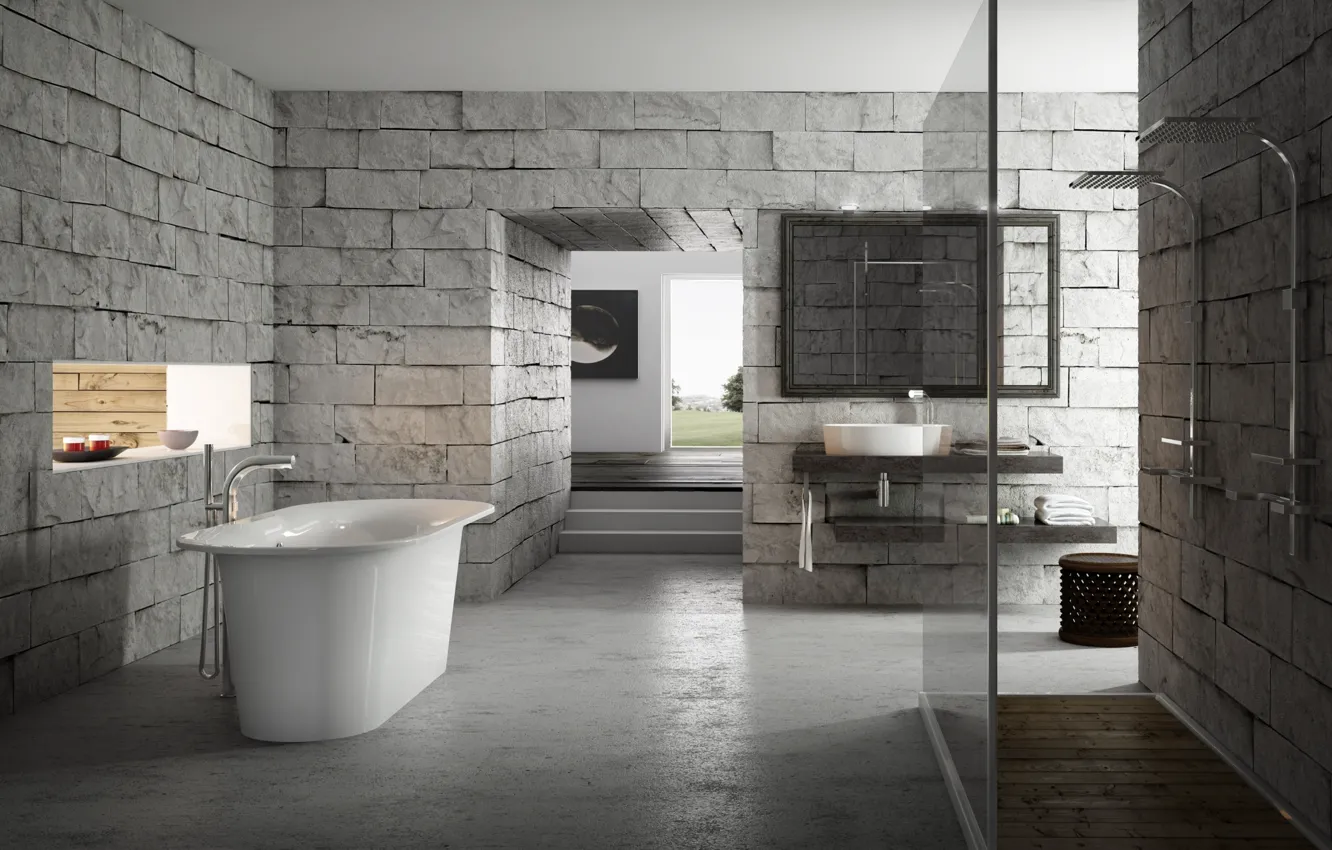 Photo wallpaper design, grey, interior, brick, bath, bathroom