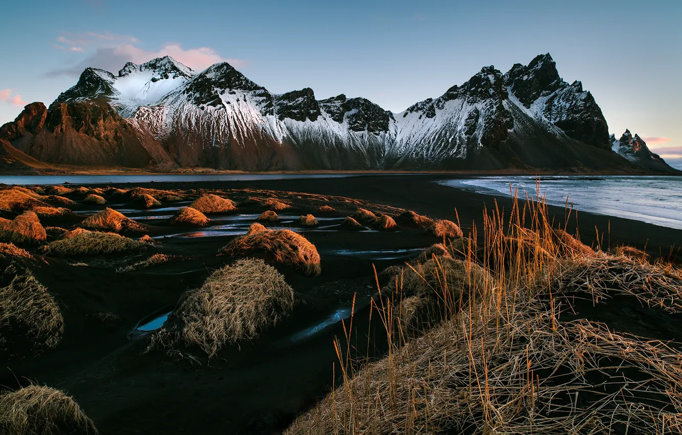 Photo wallpaper the sky, grass, mountains, morning, Iceland, the first rays, Vestrahorn, Stockksness