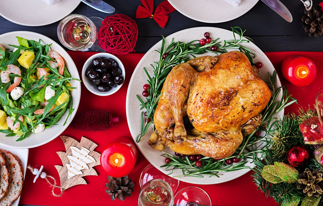 Photo wallpaper greens, balls, table, wine, glass, new year, food, chicken