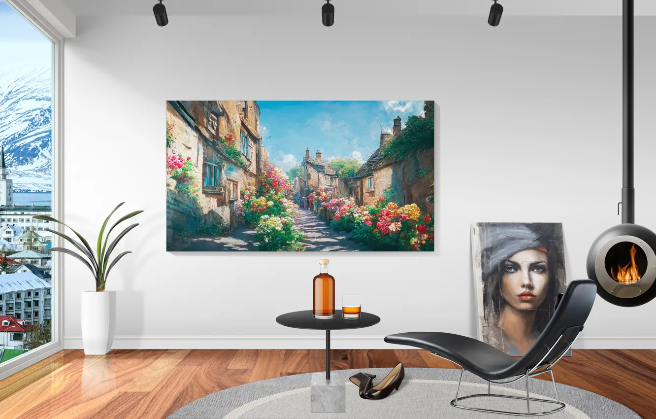 Photo wallpaper glass, whiskey, art, chair, living room, drink, fireplace, oil painting