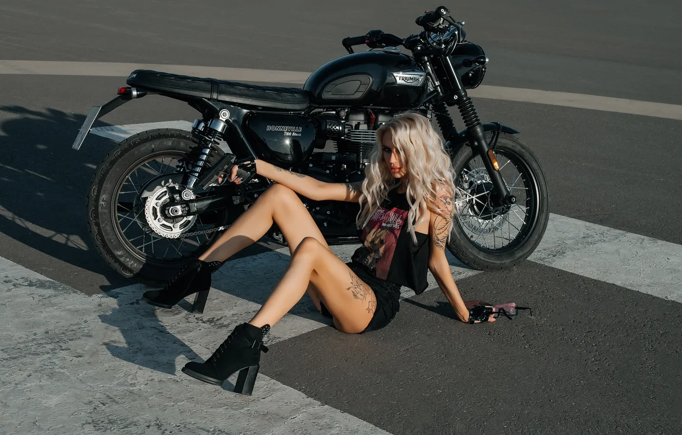 Photo wallpaper girl, pose, tattoo, blonde, motorcycle, legs, long hair, Triumph