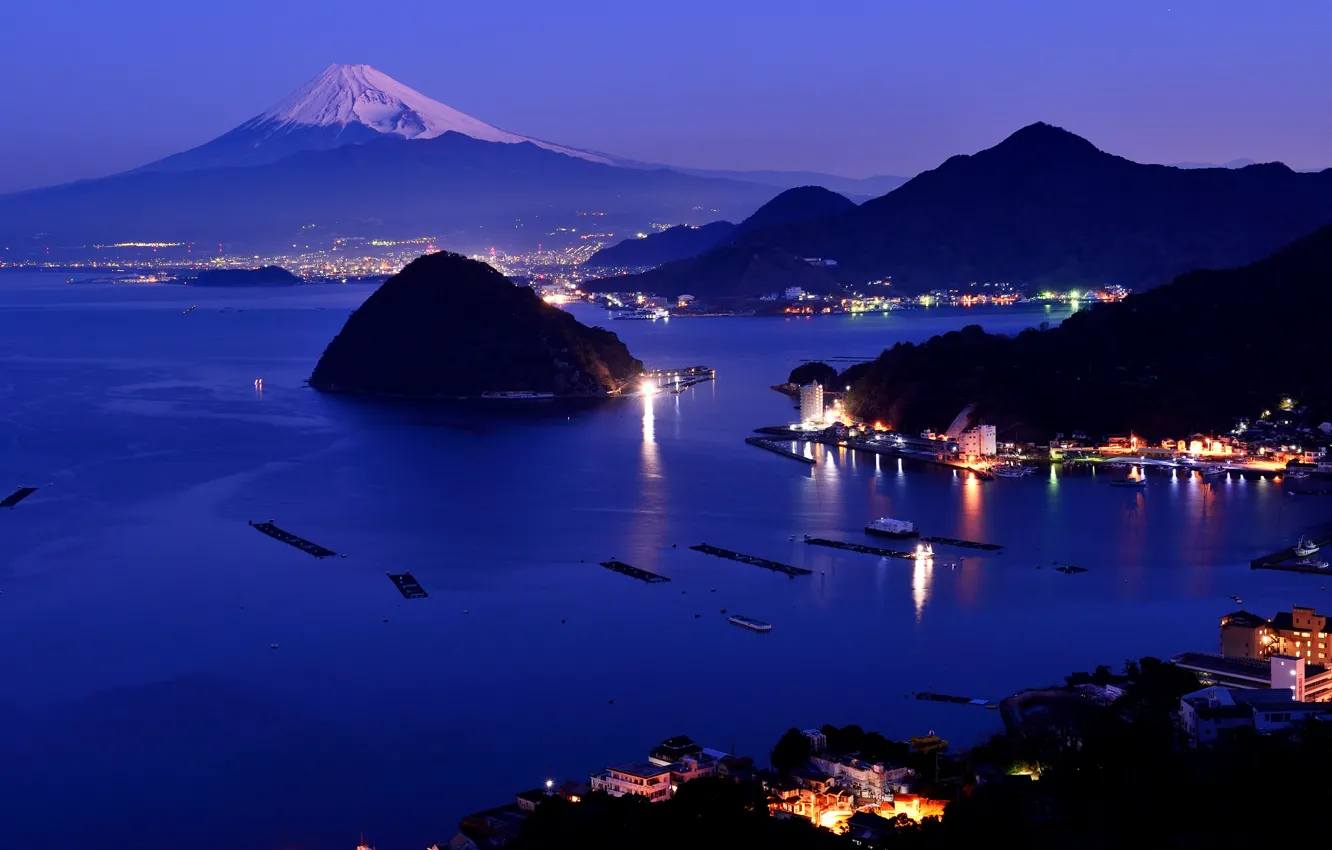 Photo wallpaper snow, mountains, night, the city, lights, Japan, Fuji