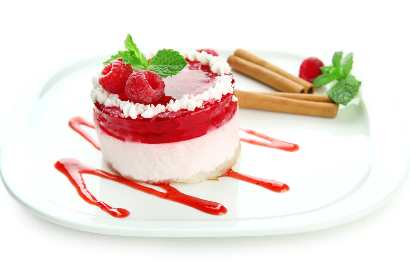 Photo wallpaper raspberry, sweets, cake, mint, jelly