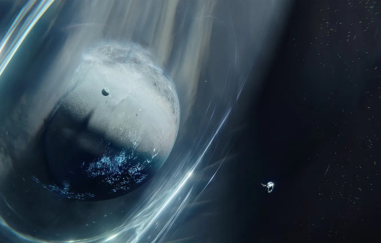 Photo wallpaper space, nebula, planet, satellite, scout, starship