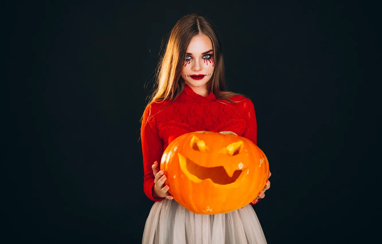 Photo wallpaper autumn, girl, the dark background, holiday, makeup, pumpkin, Halloween, witch