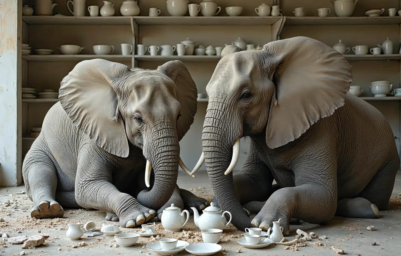 Photo wallpaper elephant, the tea party, dishes, a couple, set, neural network