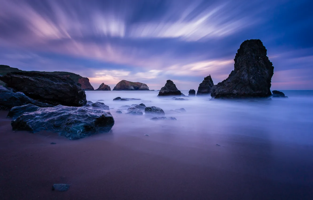Photo wallpaper the sky, Strait, stones, the ocean, rocks, shore, the evening, CA