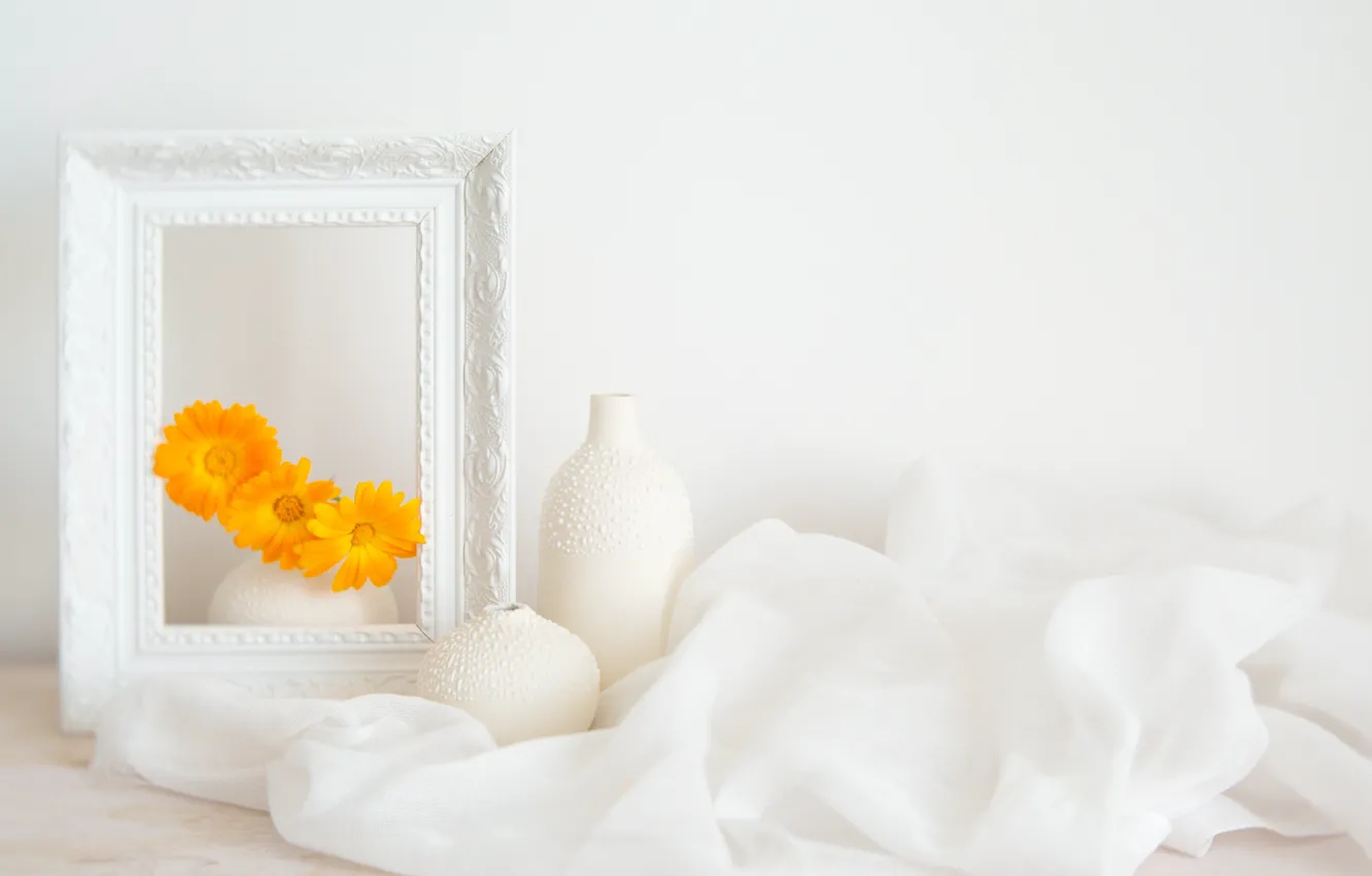 Photo wallpaper flowers, frame, fabric, pitcher, calendula