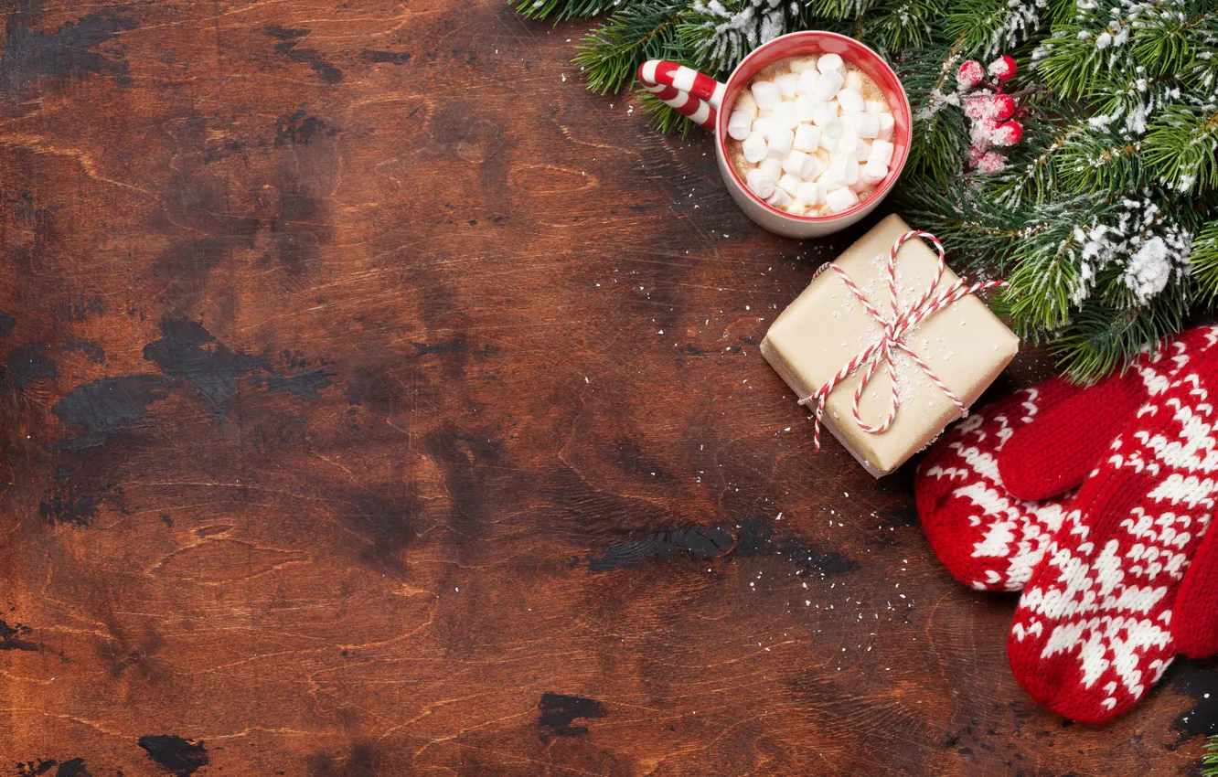 Photo wallpaper snow, decoration, tree, Christmas, Cup, gifts, New year, Christmas