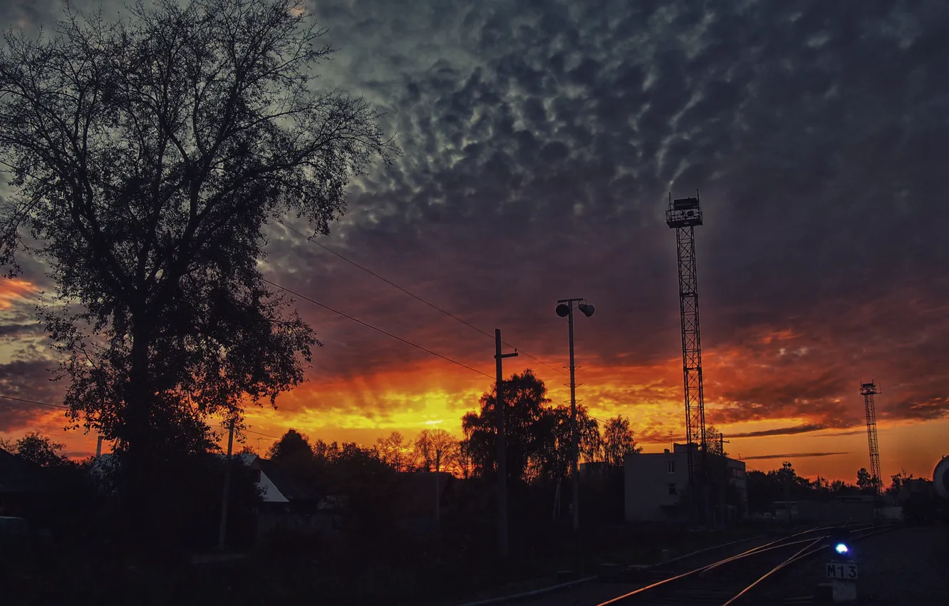 Photo wallpaper road, the sky, clouds, dawn, home, station, iron, composition