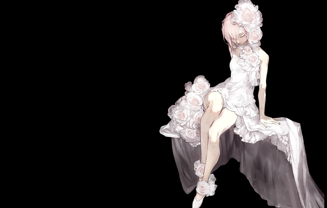 Photo wallpaper girl, black background, sitting, white dress, white roses, closed eyes, flower in hair, by Ozyako