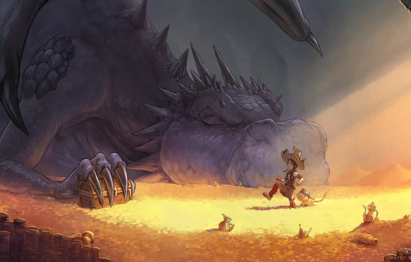 Photo wallpaper dragon, David Revoy, cat, art, dragon, witch, treasure, witch