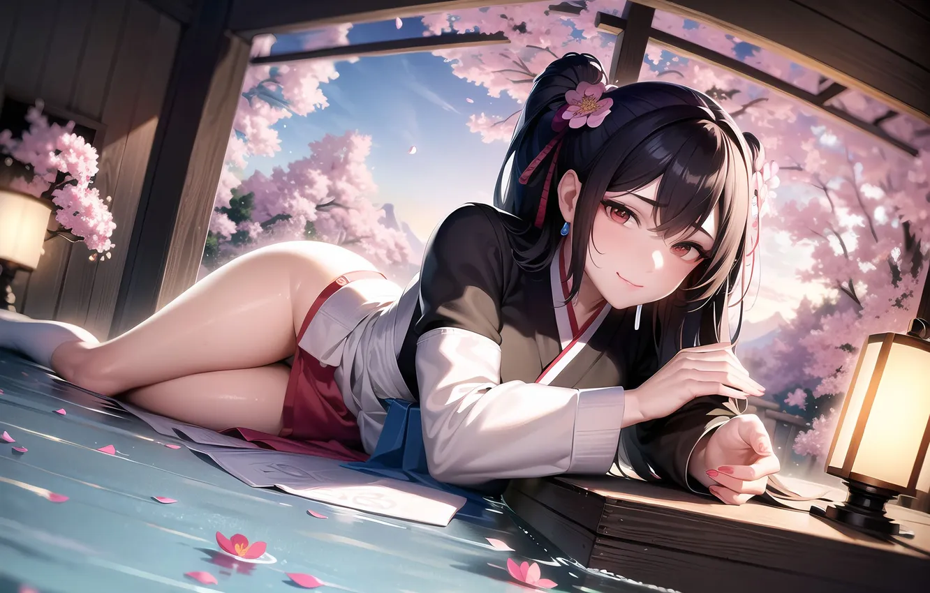 Photo wallpaper girl, sky, trees, clouds, brunette, asian, hips, kimono