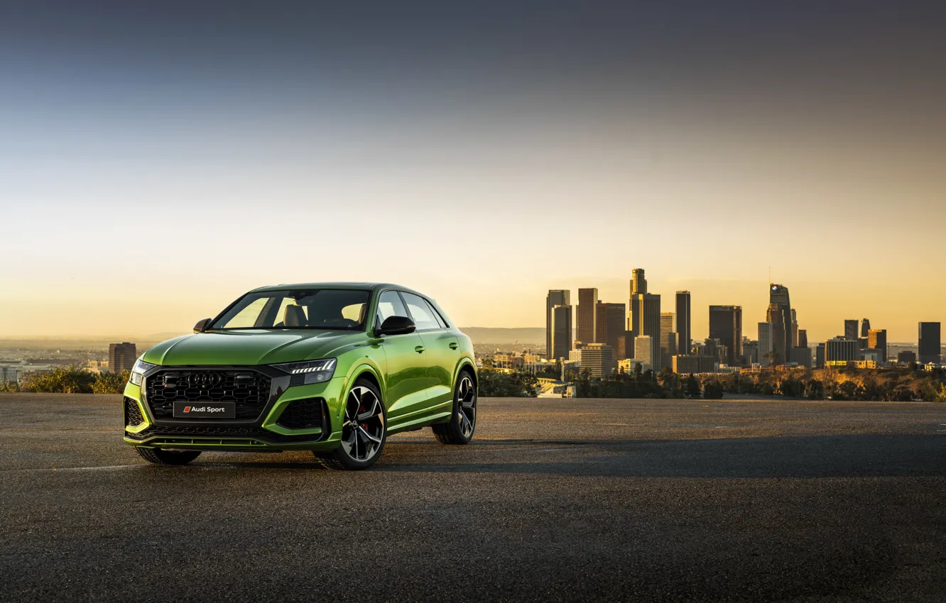 Photo wallpaper sunset, the city, Audi, crossover, 2020, RS Q8