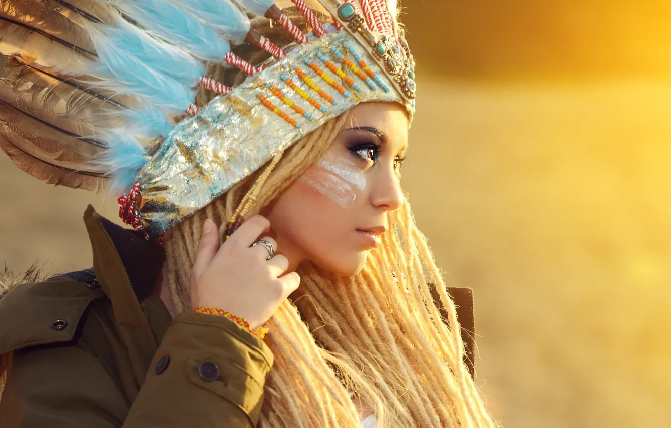 Photo wallpaper look, girl, feathers, hands, makeup, profile, Squaw