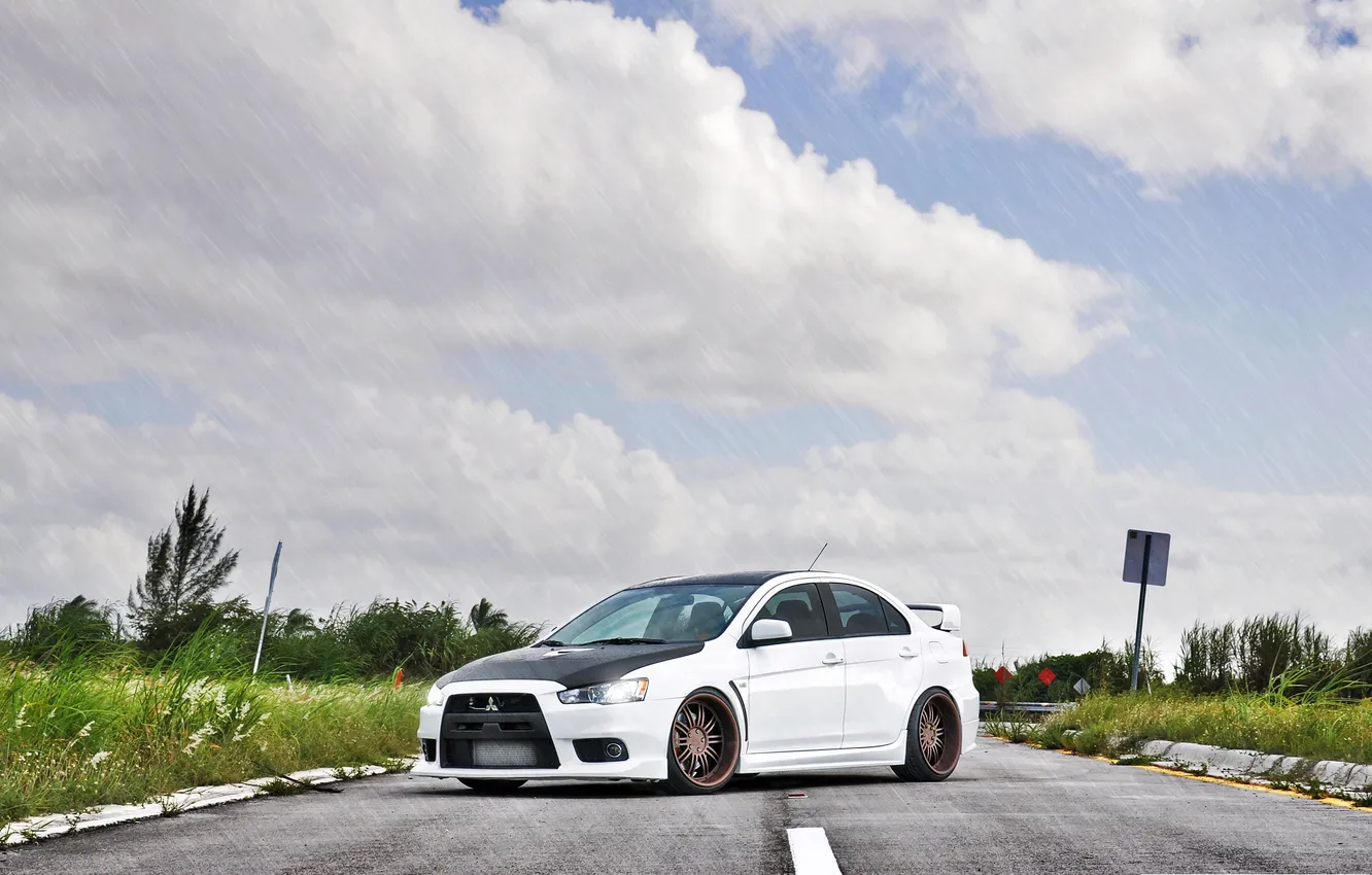 Photo wallpaper road, white, rain, Mitsubishi, Lancer, Mitsubishi, evolutionX