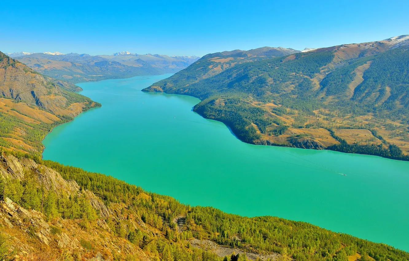 Photo wallpaper the sky, mountains, nature, river, slope, space