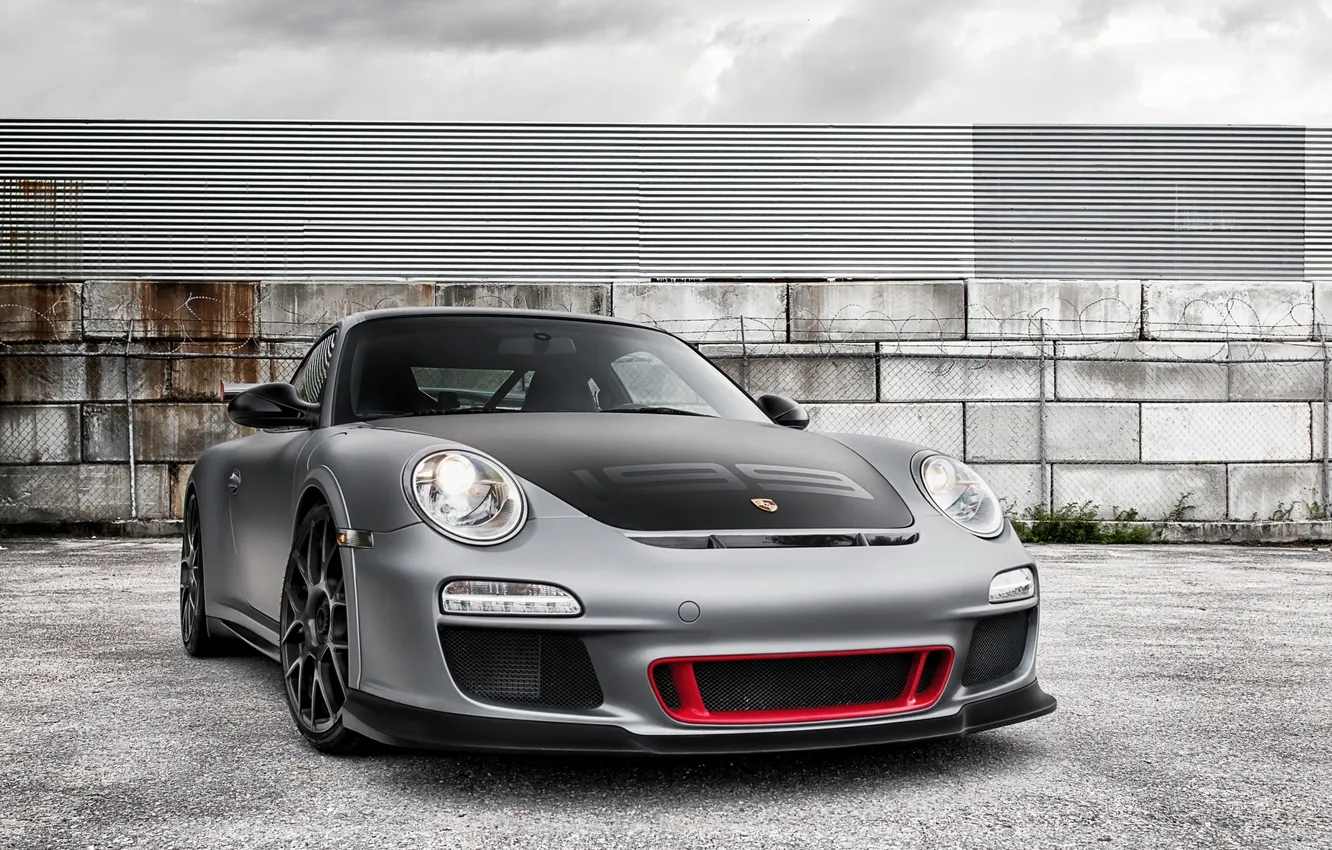 Photo wallpaper the sky, grey, the fence, 911, Porsche, supercar, Porsche, GT3