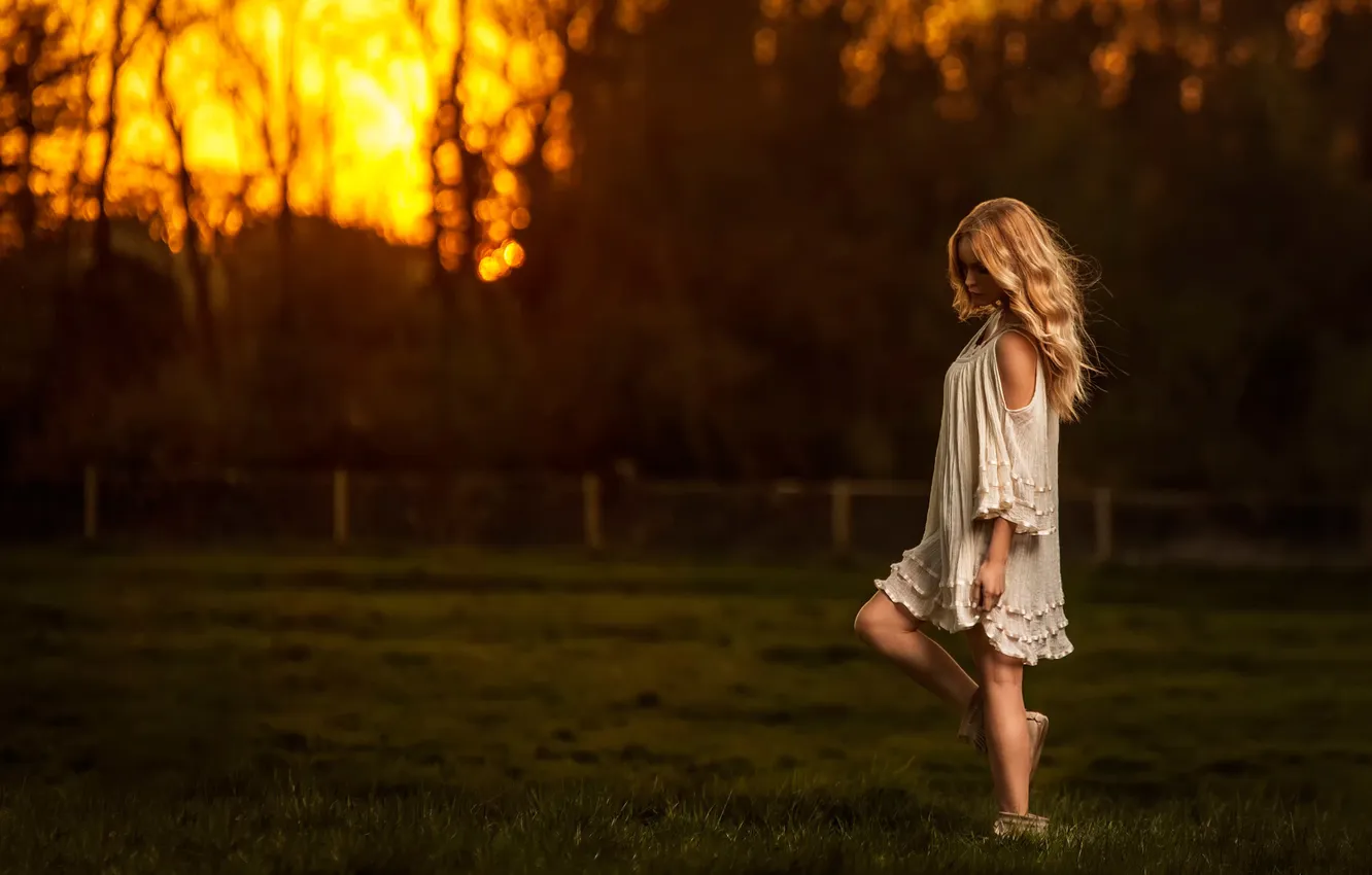 Photo wallpaper field, the sky, girl, sunset, sunset