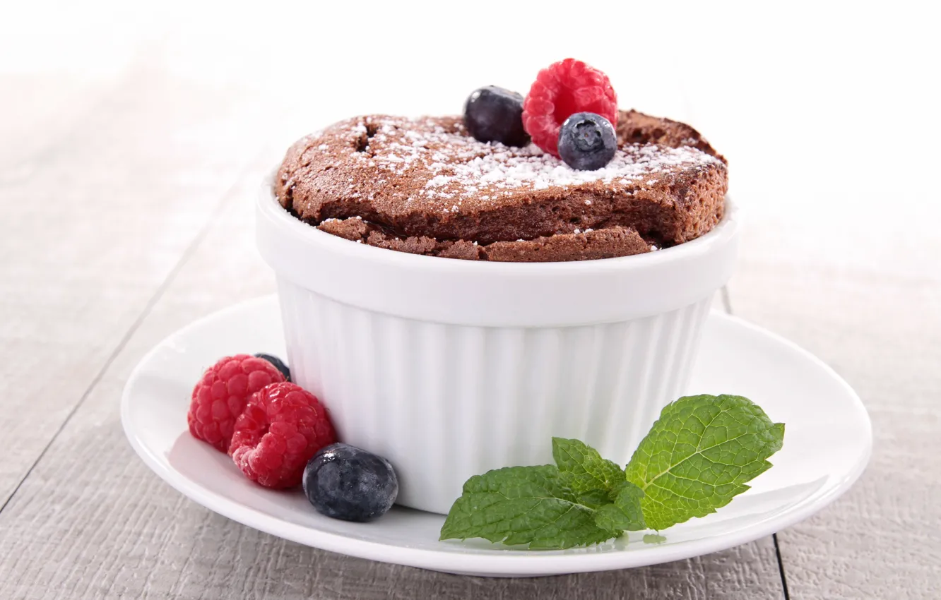 Photo wallpaper raspberry, blueberries, fruit, dessert, fruits, dessert, cups, blueberries