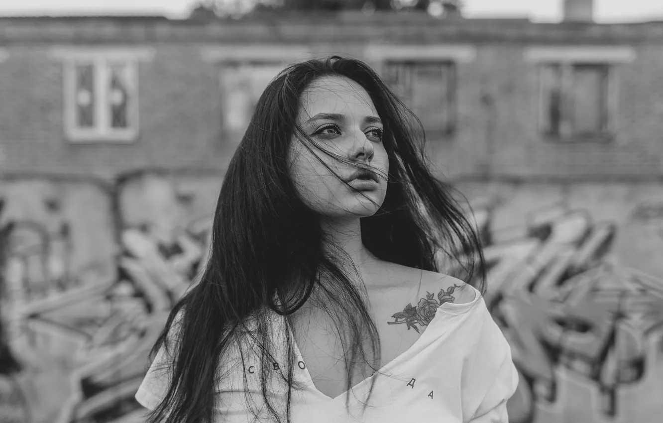 Photo wallpaper girl, graffiti, portrait, black and white, Roosso Alex