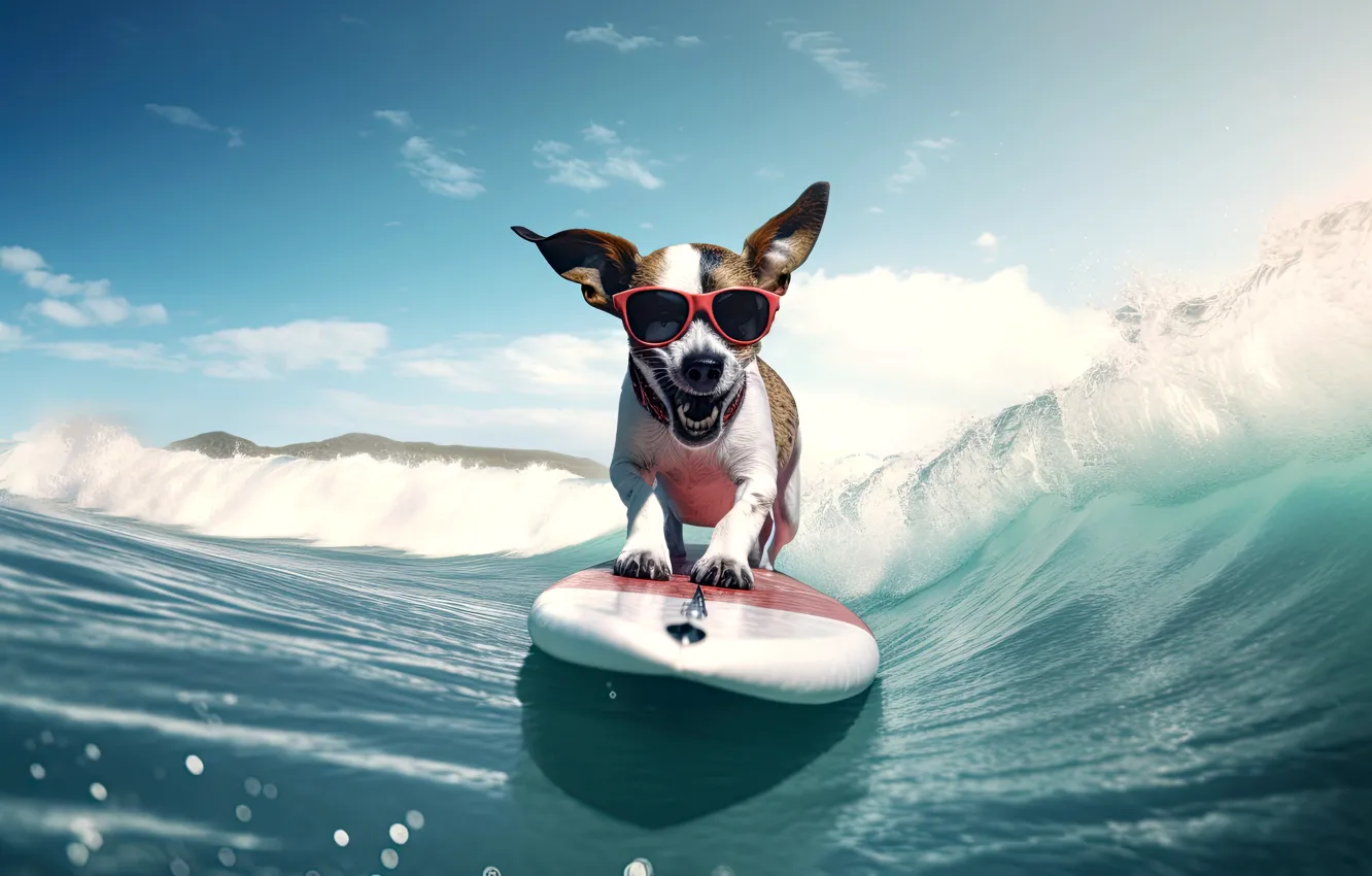 Photo wallpaper Water, Dog, Smile, Summer, Wave, Surfing, Digital art, Sunny day