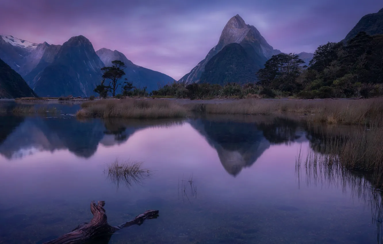 Photo wallpaper purple, the sky, trees, mountains, lake, reflection, rocks, shore