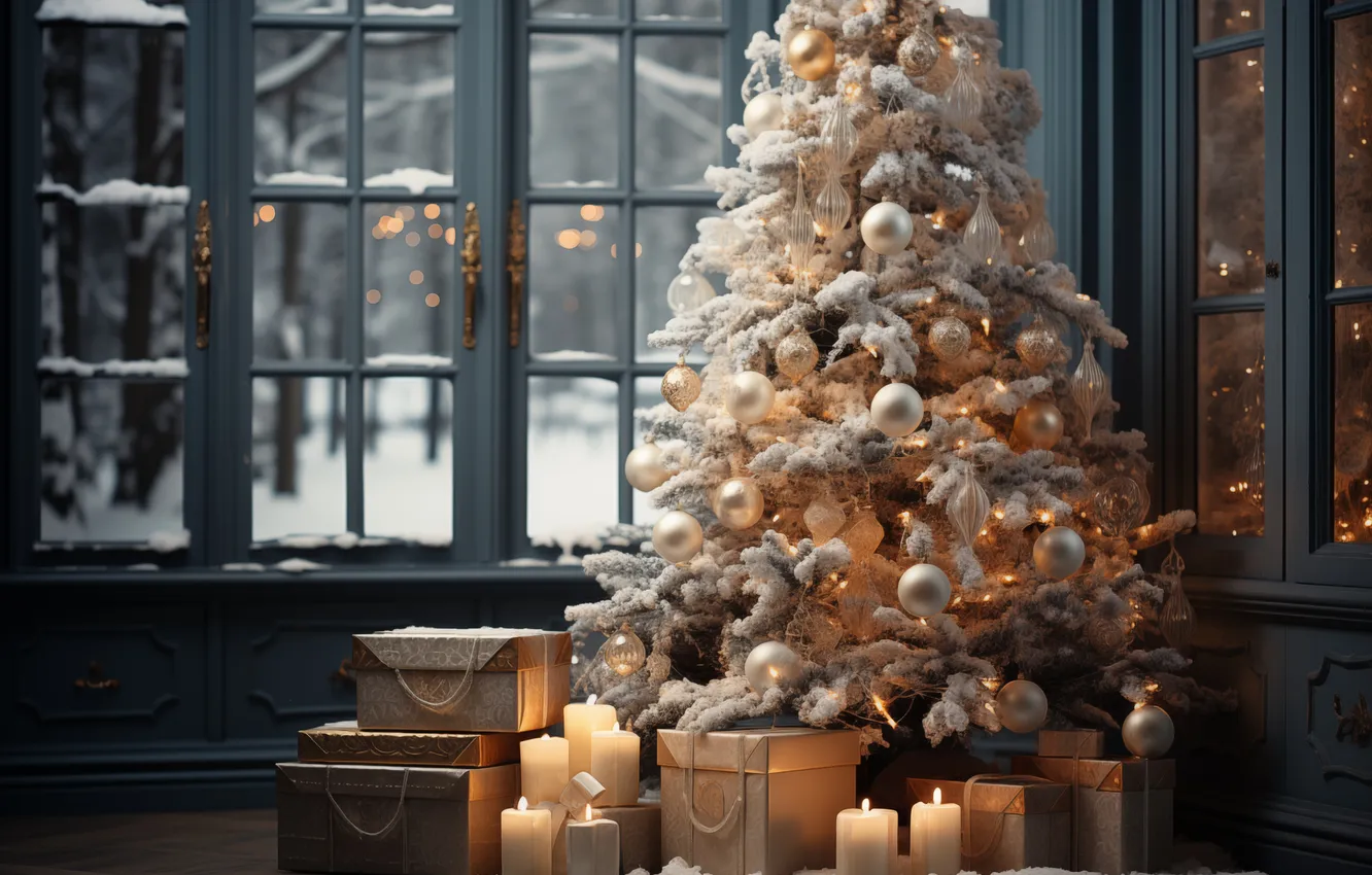 Photo wallpaper decoration, room, tree, new year, interior, Christmas, Christmas, tree