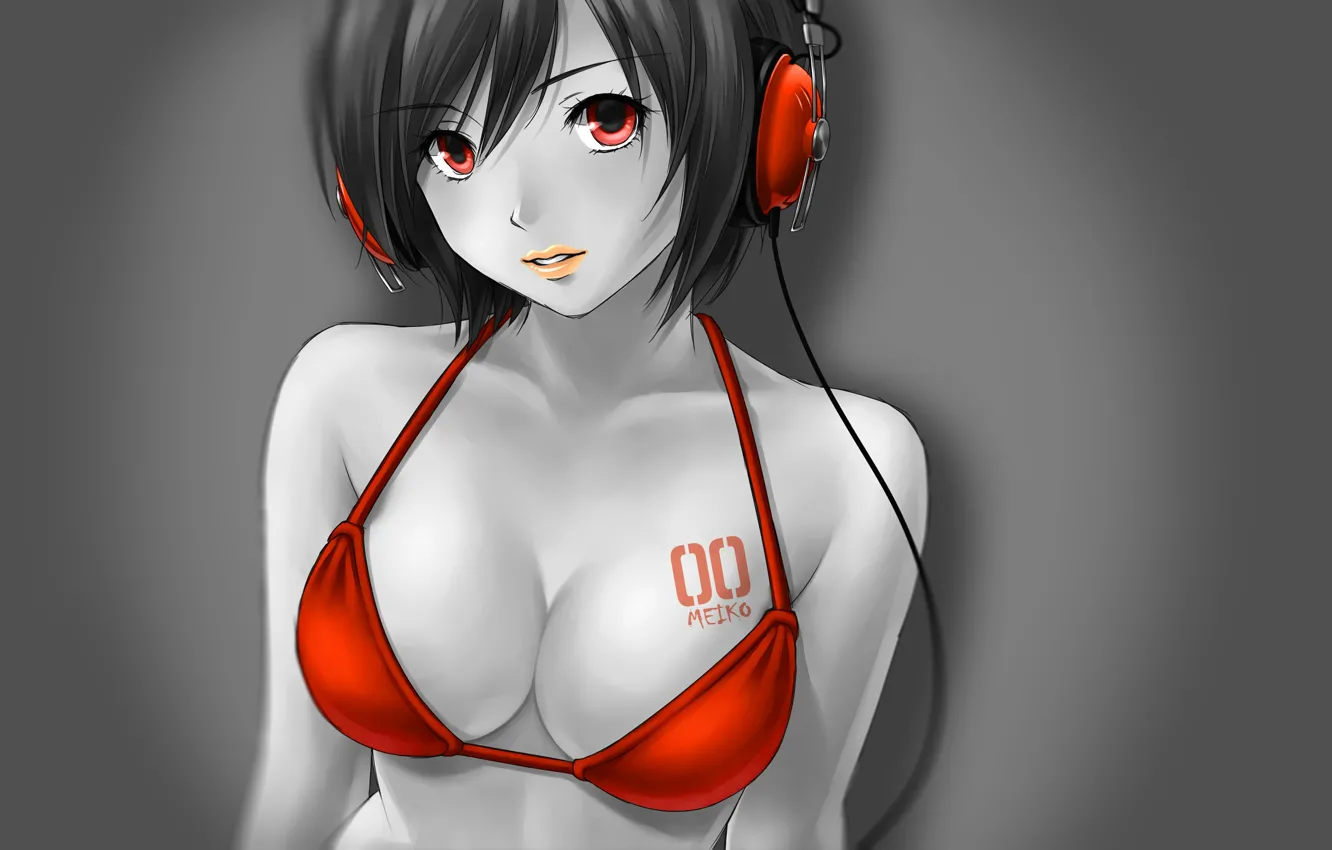 Photo wallpaper red, girl, vocaloid, anime, headphones, meiko