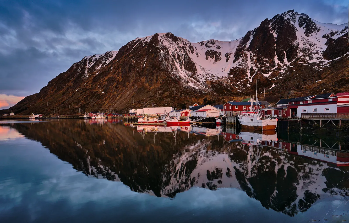 Photo wallpaper mountains, morning, Norway, house, Lofoten