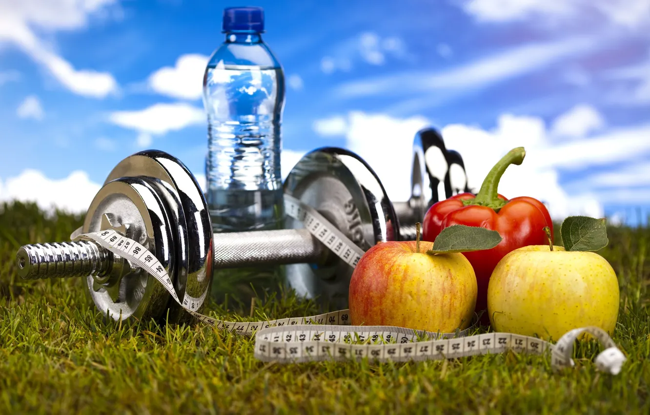 Photo wallpaper water, sport, apples, bottle, fitness, dumbbells