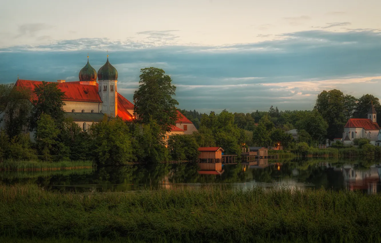 Photo wallpaper summer, the sky, grass, clouds, trees, lake, pond, reflection