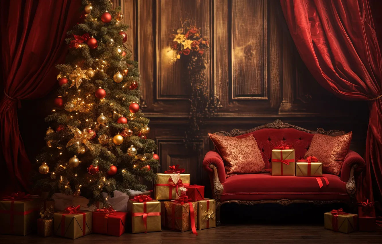 Photo wallpaper decoration, room, sofa, balls, tree, interior, New Year, Christmas