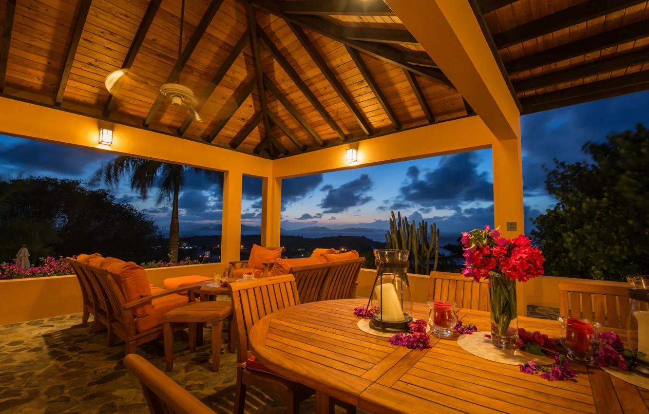 Photo wallpaper table, view, chair, lamp, veranda