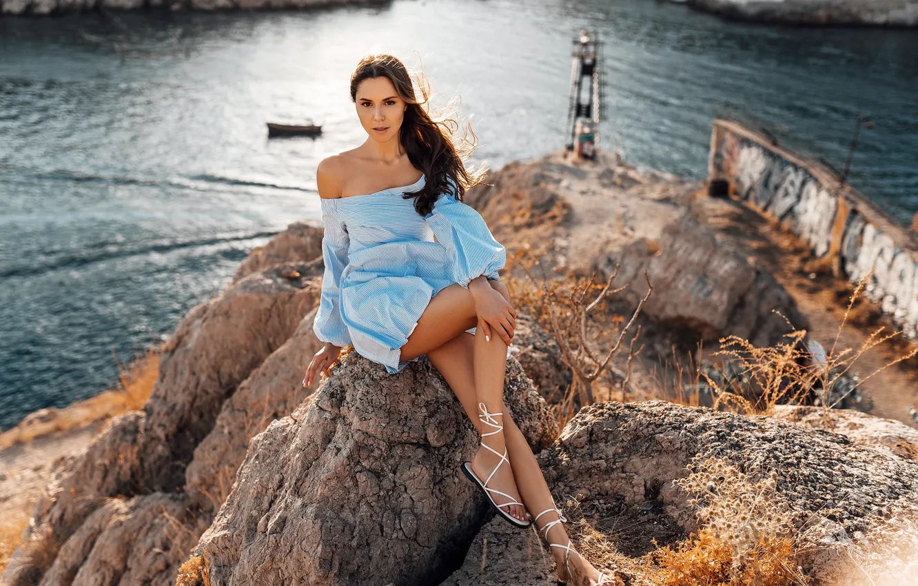 Photo wallpaper sea, girl, pose, rock, legs, Crimea, Anton Swarovsky, Nastya Bochkova