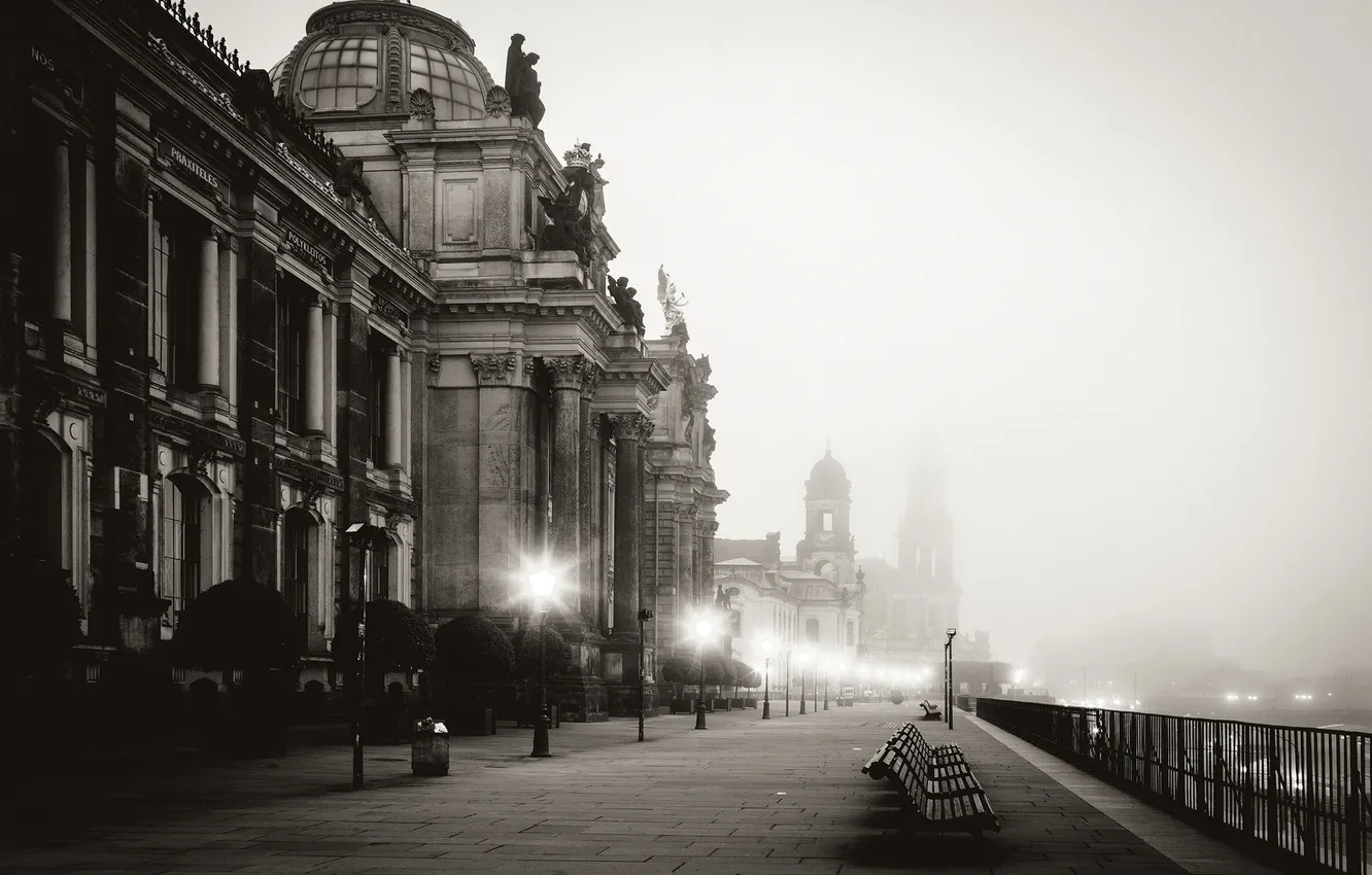 Photo wallpaper road, bench, the city, fog, river, street, morning, fence