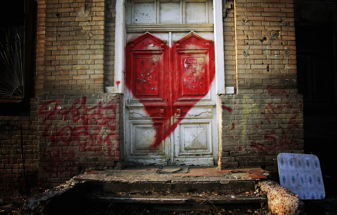 Photo wallpaper love, red, heart, brick, the door, masonry, stage, thresholds